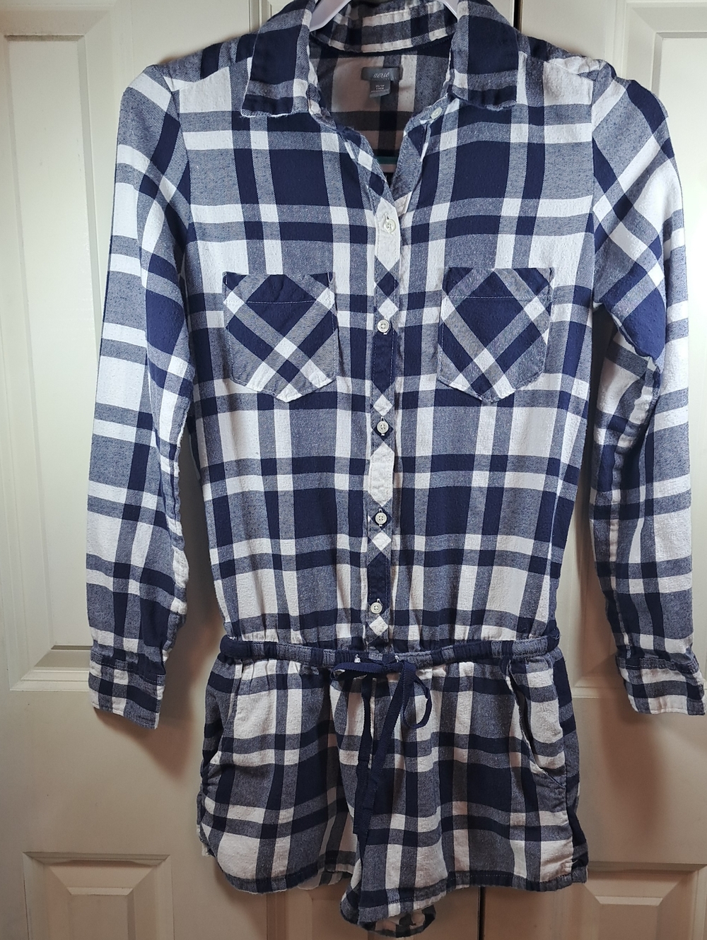 aerie  Womens Navy & White Plaid Flannel Pajama Romper